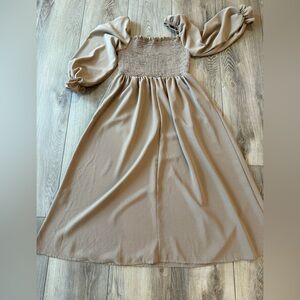 Tan Off-Shoulder Smocked Dress